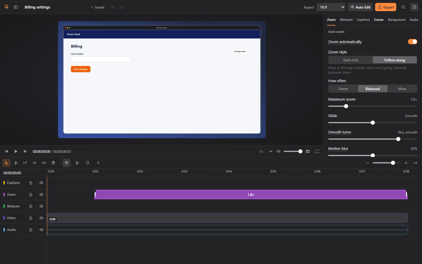 The Wekiflo editor: a preview of the recording, a timeline with a zoom, and the zoom settings.